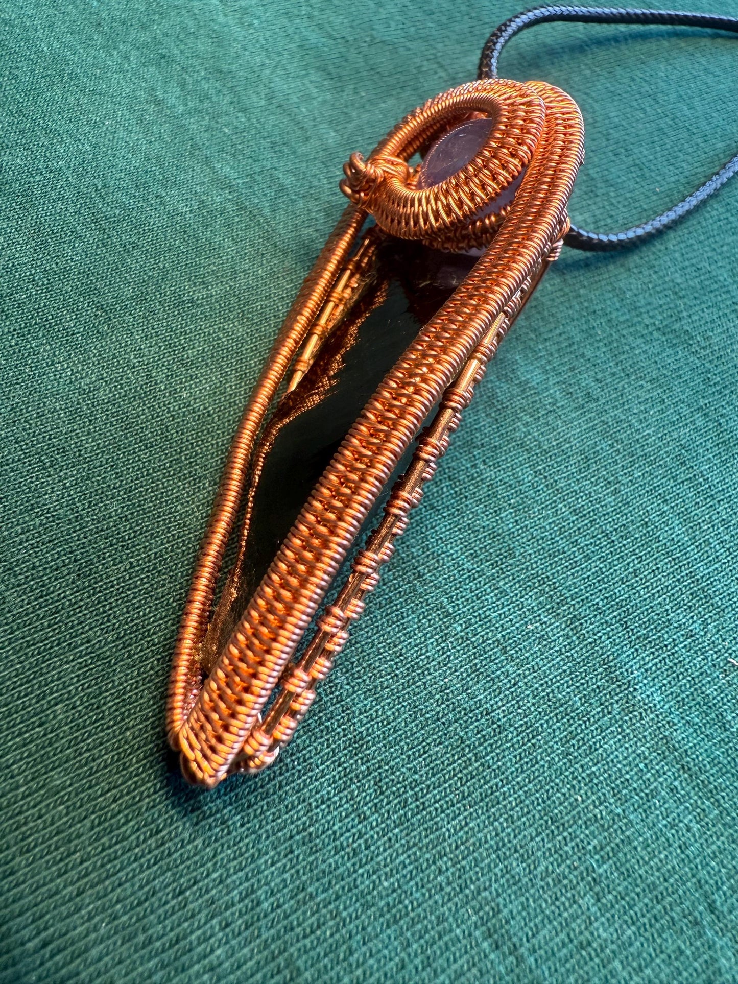 Handmade Copper Wire Wrapped Obsidian & Amethyst Pendant on Cord Necklace