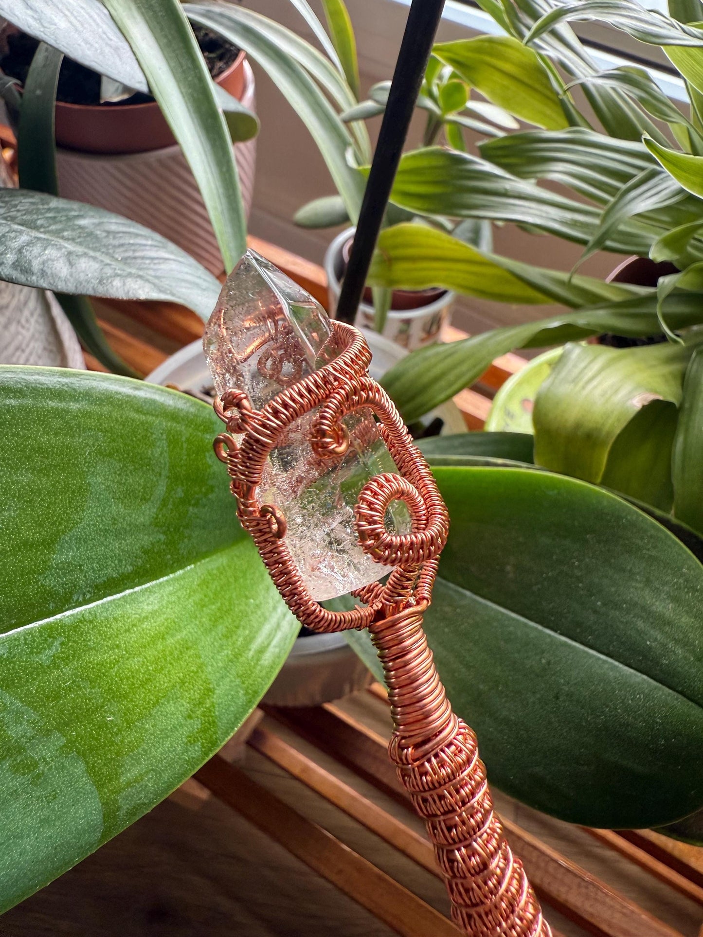 Handmade Quartz Pointed Copper Wire Wrapped Wand/Spinner with Blue Aragonite Pyramid & Mini Crystal Ball