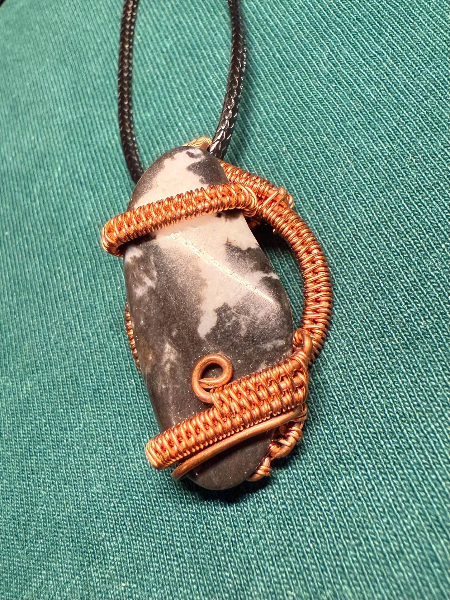 Handmade Copper Wire Wrapped Zebra Jasper Pendant on Cord Necklace