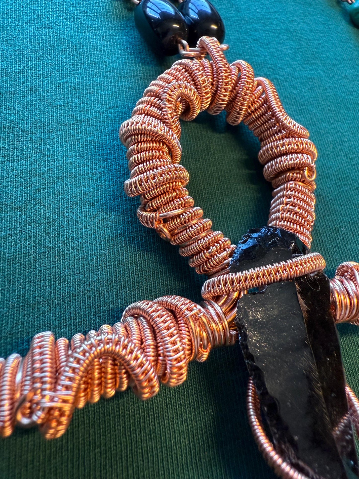 Handmade Copper Wire Ankh with Obsidian on Malachite, Garnet, and Obsidian Chain