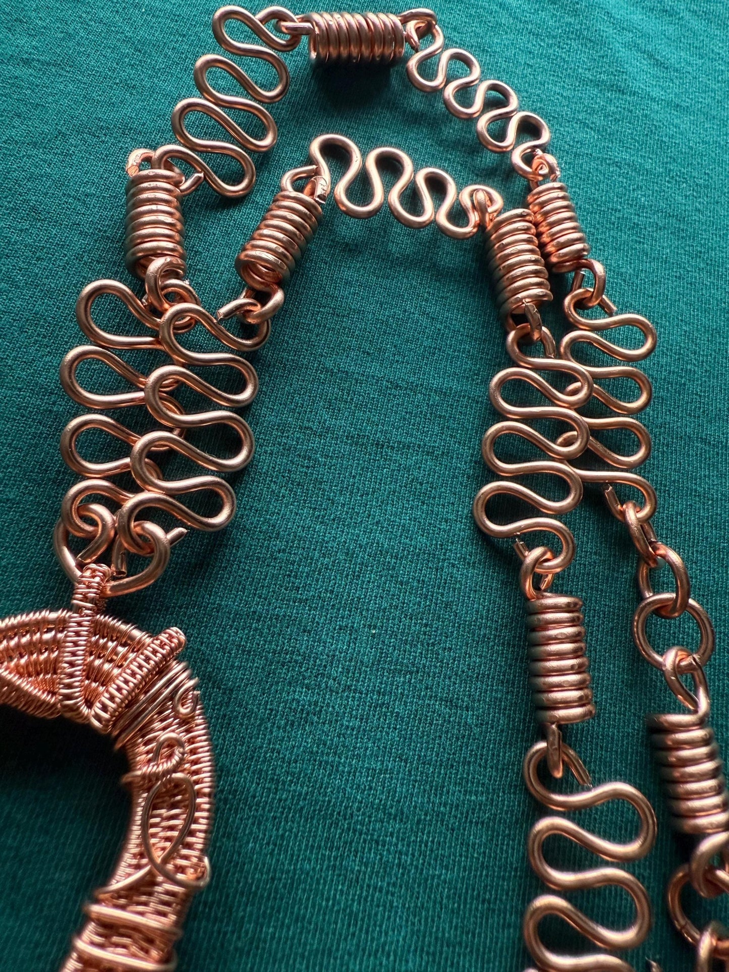 Handmade Copper Wire Wrapped Ankh with Rose Quartz Pyramid & Opalite Sphere on Copper Chain