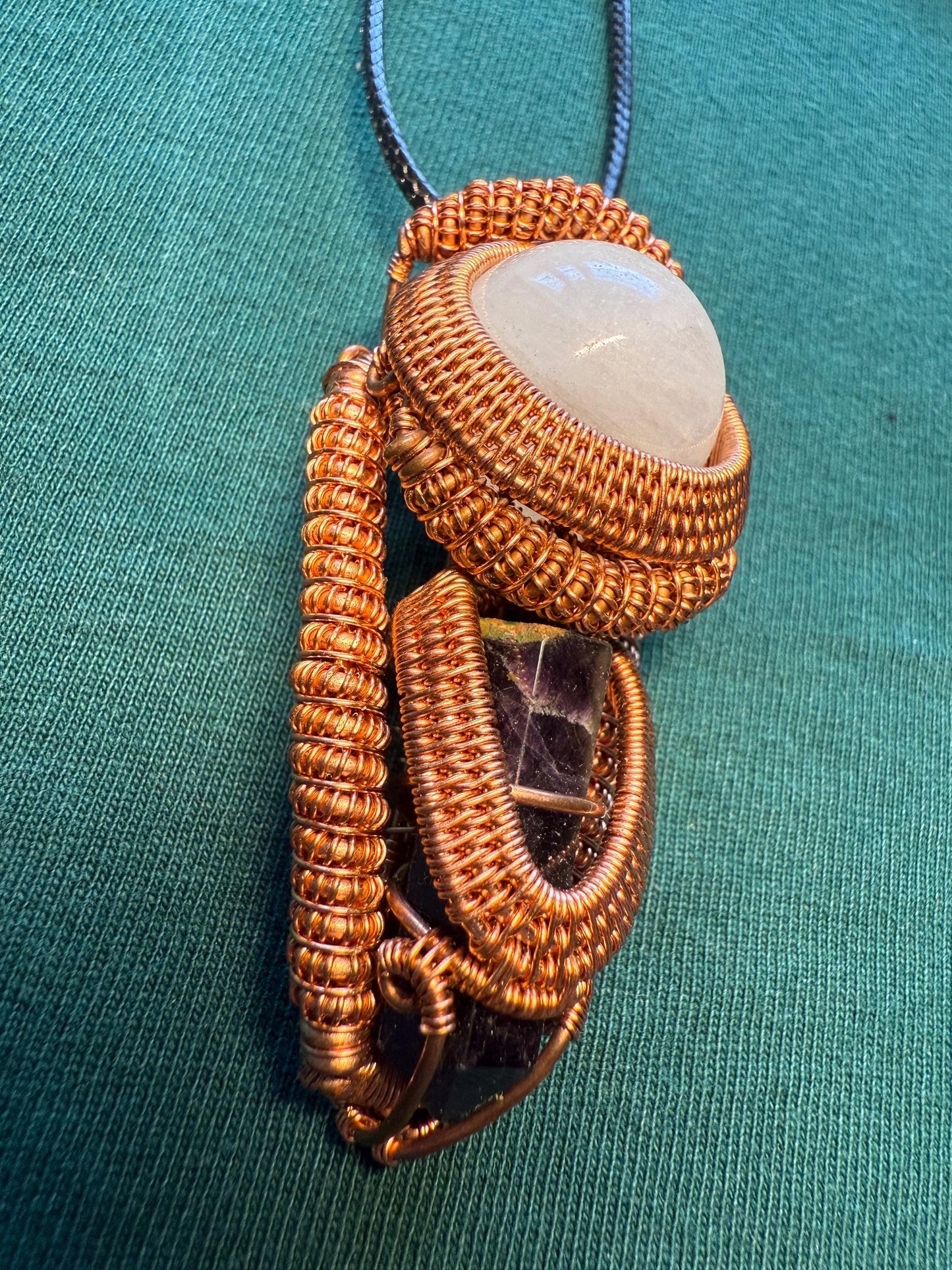 Handmade Wire Wrapped Quartz Crystal Ball & Amethyst Point Pendant on Cord Necklace