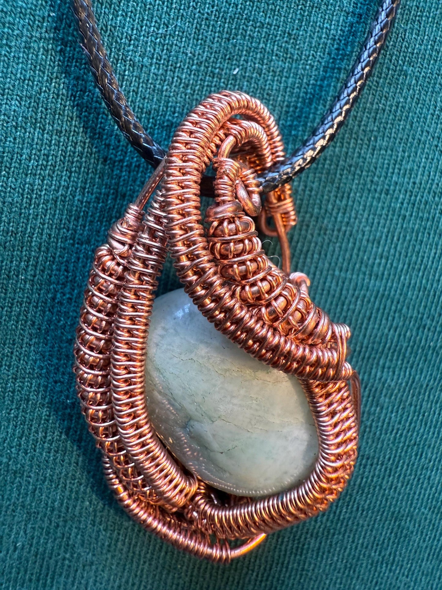 Handmade Copper Wire Wrapped Amazonite Pendant on Cord Necklace