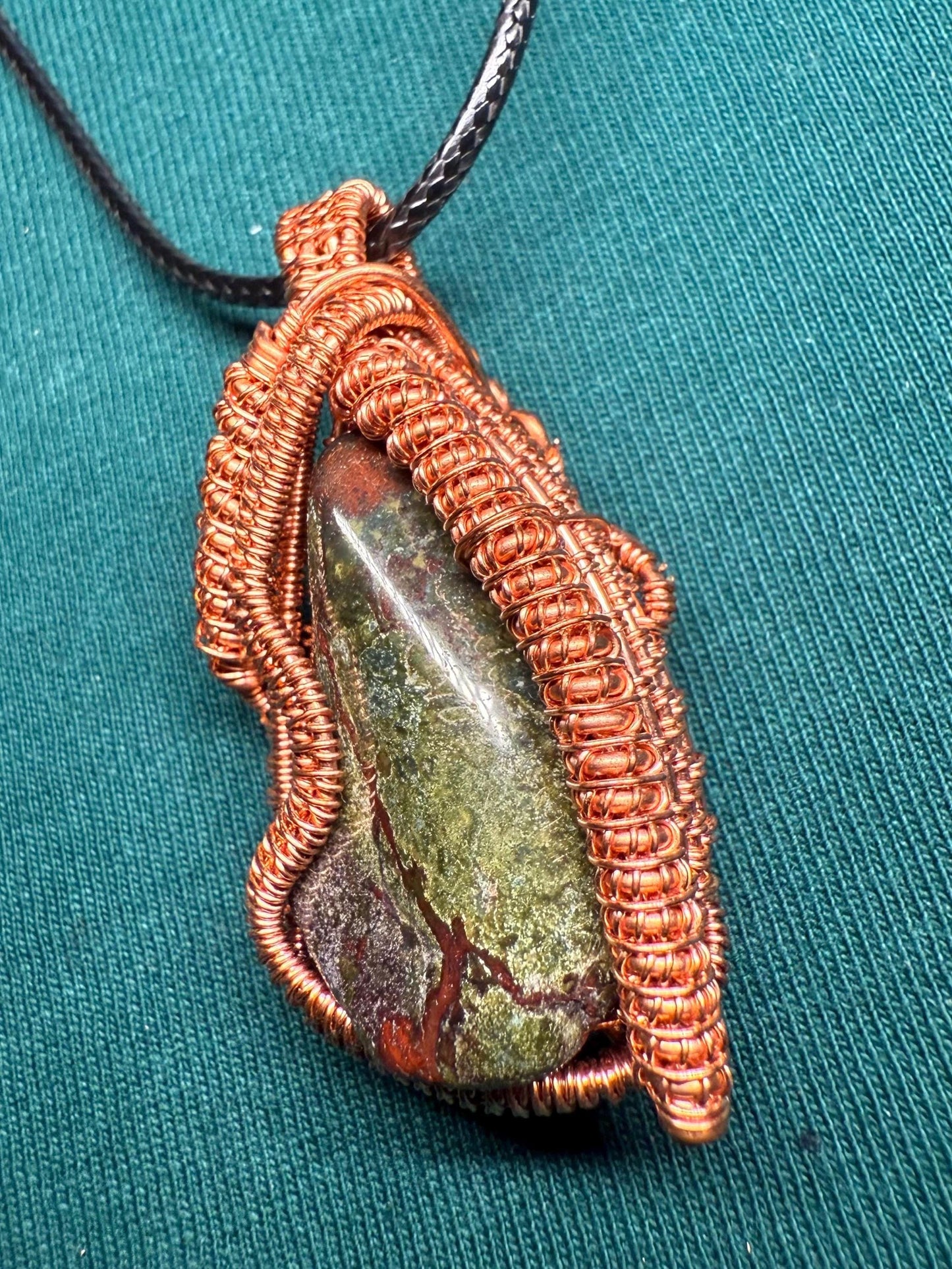 Handmade Copper Wire Wrapped Bloodstone Pendant on Cord Necklace