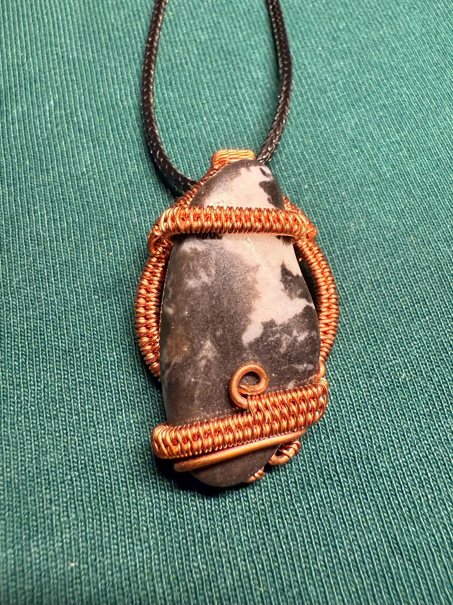 Handmade Copper Wire Wrapped Zebra Jasper Pendant on Cord Necklace