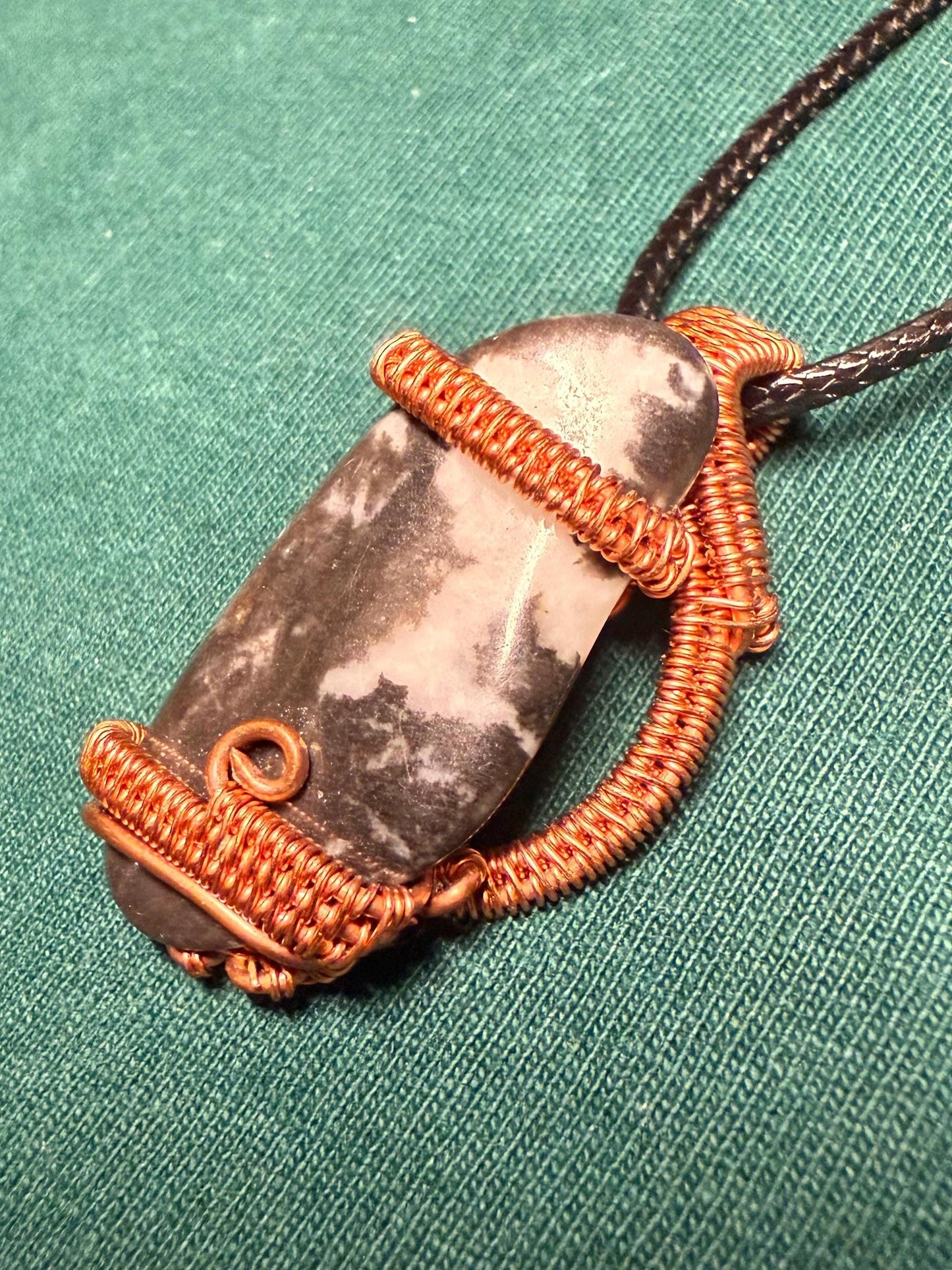 Handmade Copper Wire Wrapped Zebra Jasper Pendant on Cord Necklace
