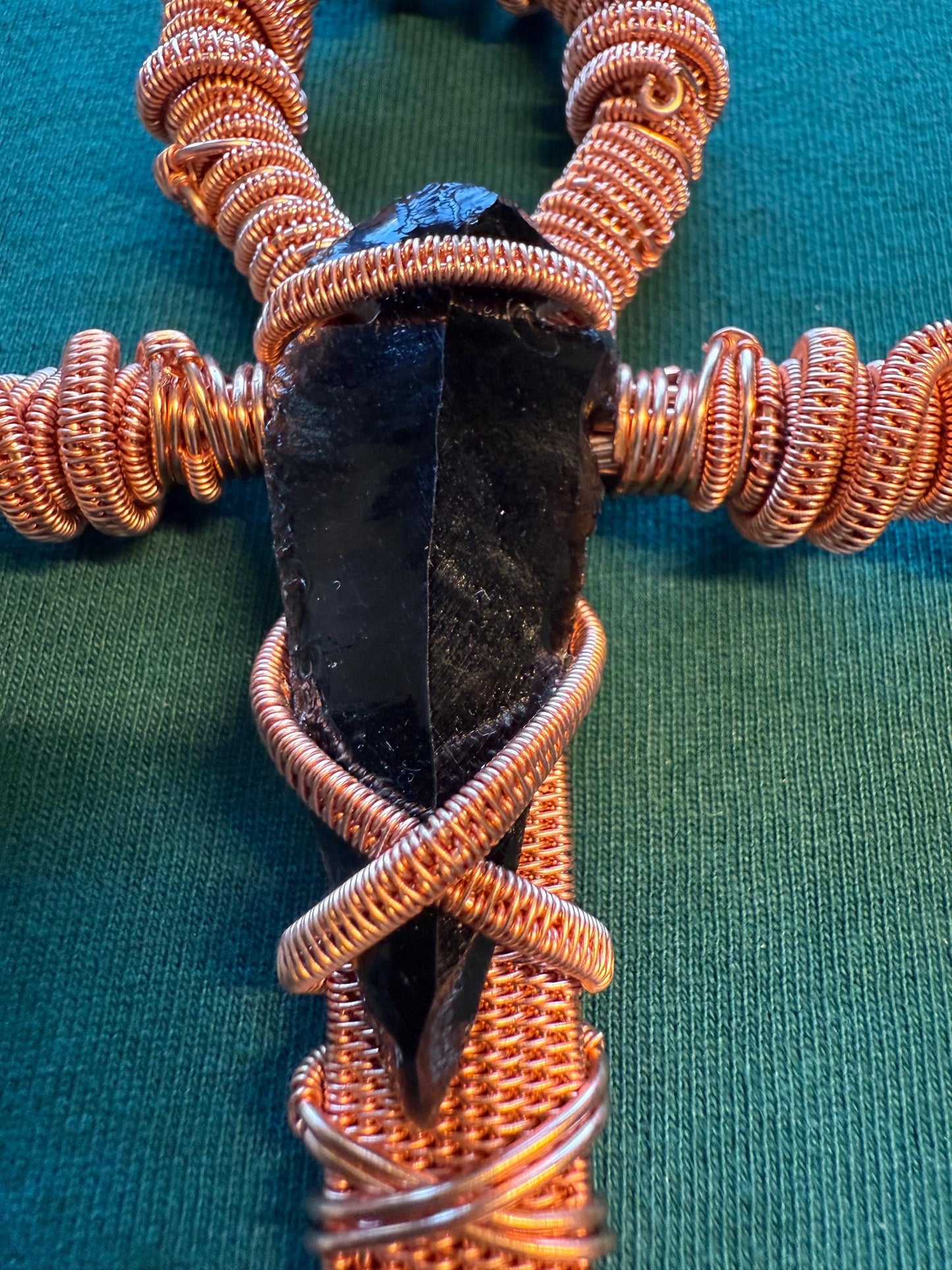 Handmade Copper Wire Ankh with Obsidian on Malachite, Garnet, and Obsidian Chain