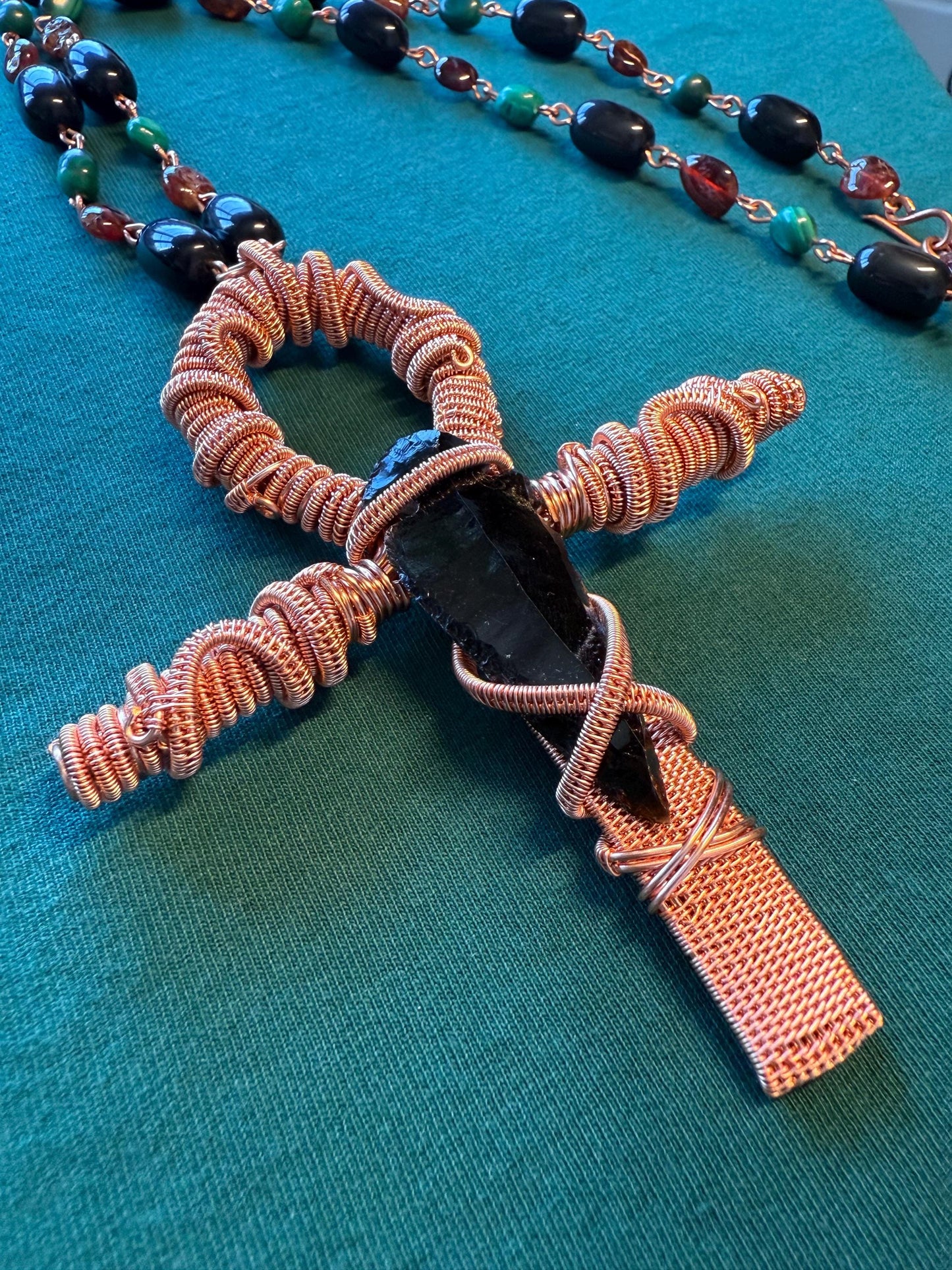 Handmade Copper Wire Ankh with Obsidian on Malachite, Garnet, and Obsidian Chain