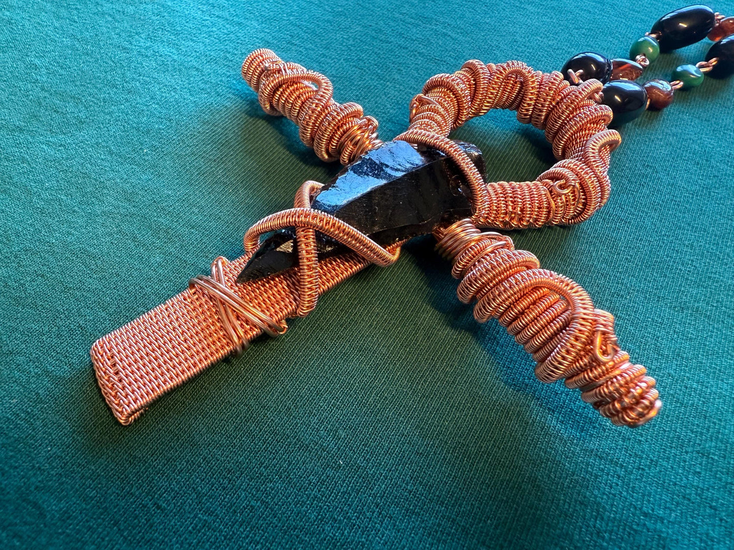 Handmade Copper Wire Ankh with Obsidian on Malachite, Garnet, and Obsidian Chain