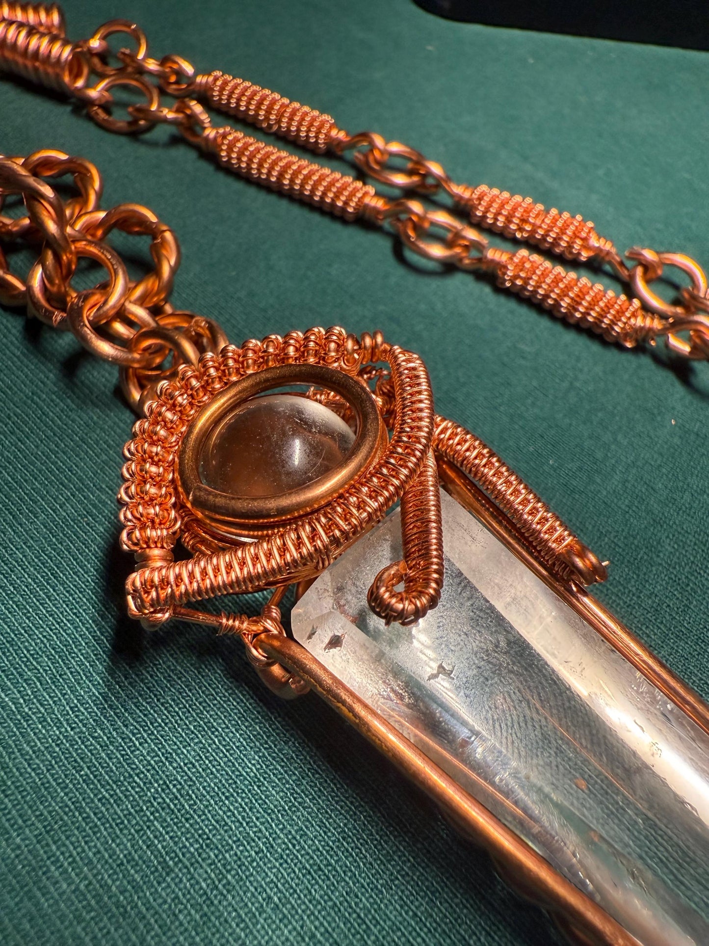 Copper Wire Wrapped Quartz Point Necklace: Eye of Ra Amulet
