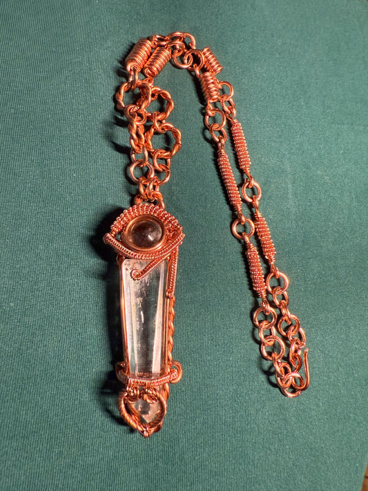 Copper Wire Wrapped Quartz Point Necklace: Eye of Ra Amulet
