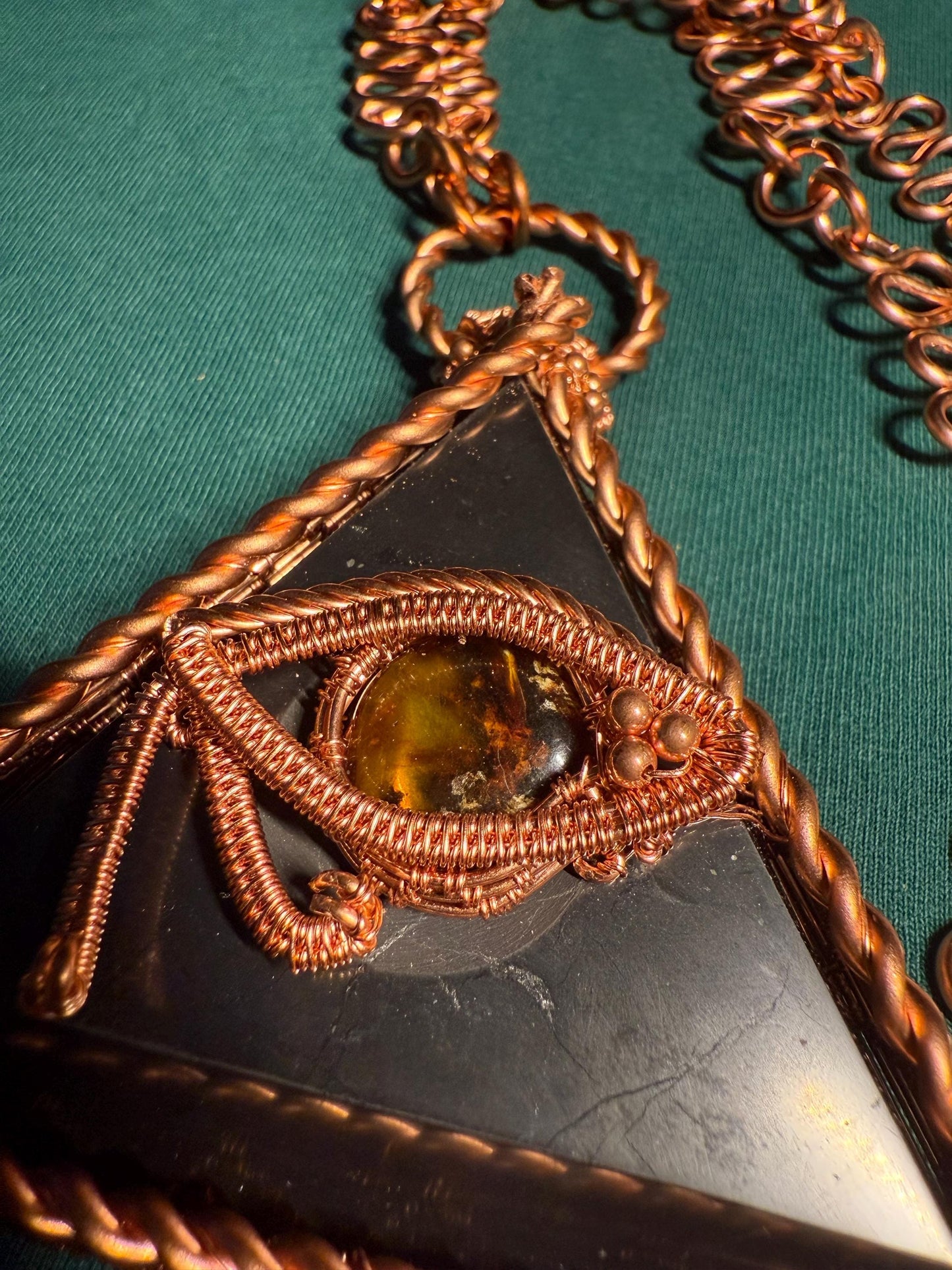 Handmade Copper Wire Wrapped Shungite Pendant with Amber Eye of Horus on Copper Chain