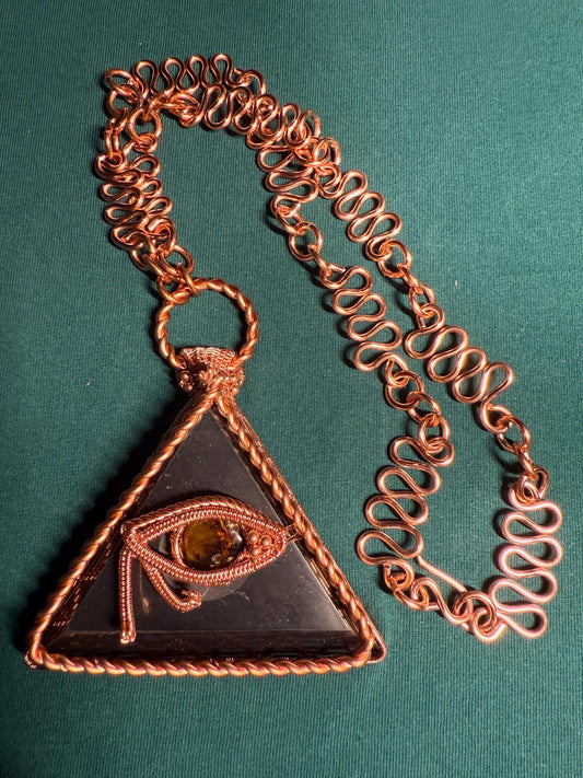 Handmade Copper Wire Wrapped Shungite Pendant with Amber Eye of Horus on Copper Chain
