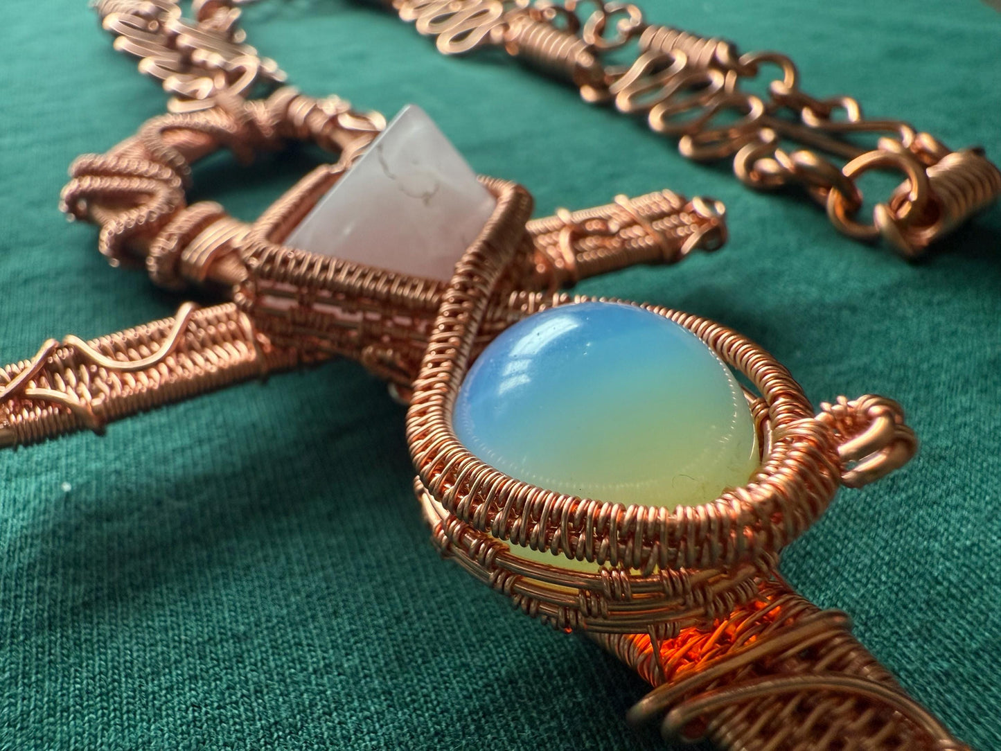 Handmade Copper Wire Wrapped Ankh with Rose Quartz Pyramid & Opalite Sphere on Copper Chain