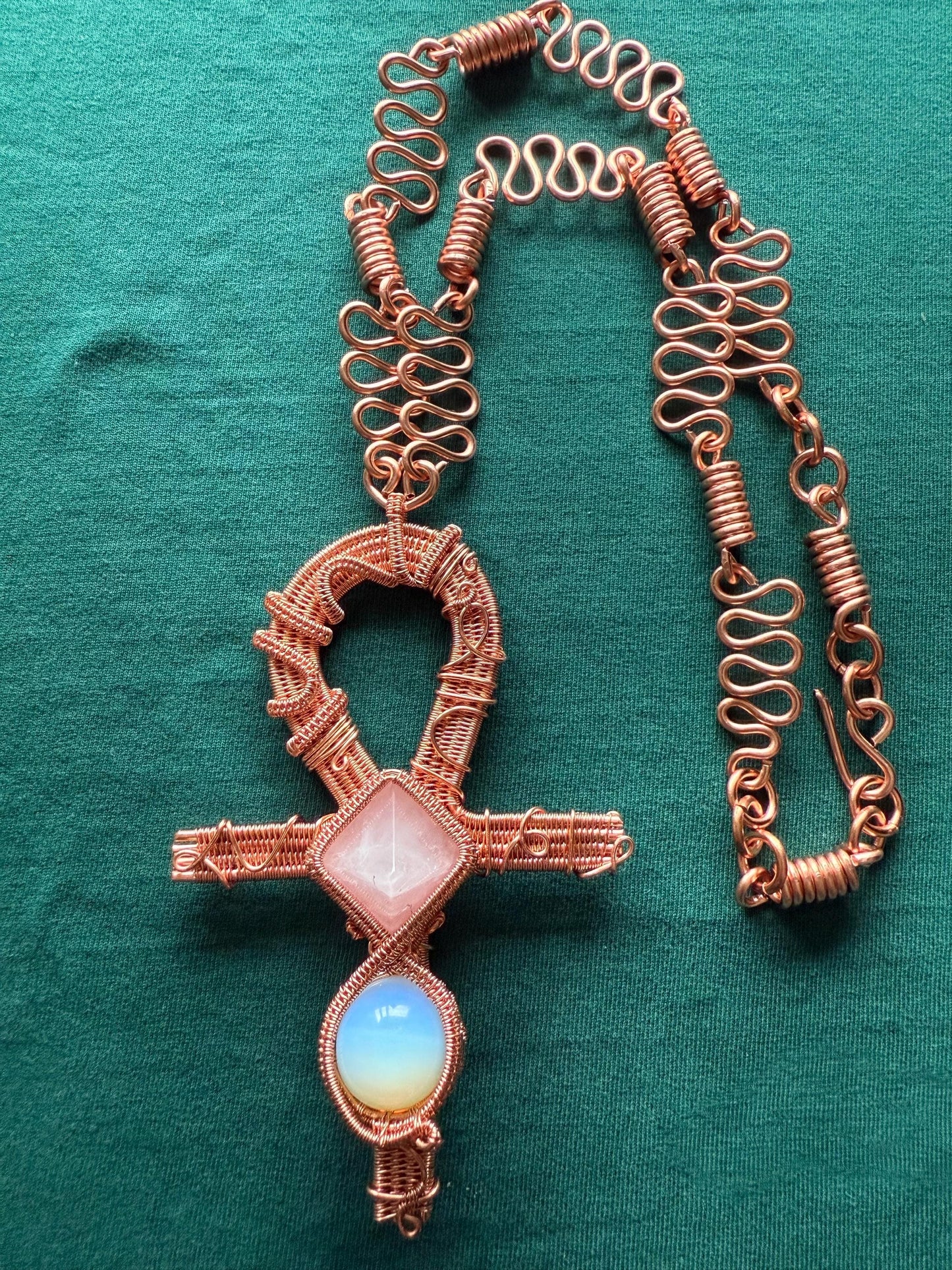 Handmade Copper Wire Wrapped Ankh with Rose Quartz Pyramid & Opalite Sphere on Copper Chain