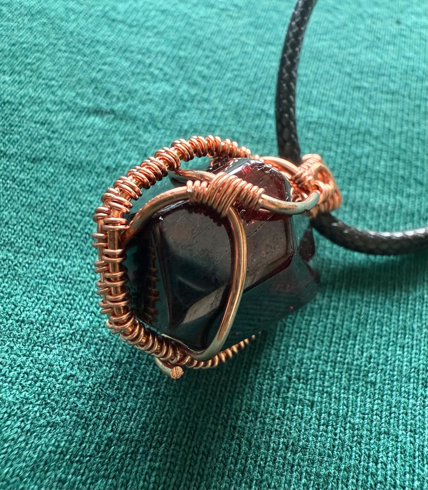 Handmade Copper Wire Wrapped Almandine Garnet Pendant on Cord Necklace