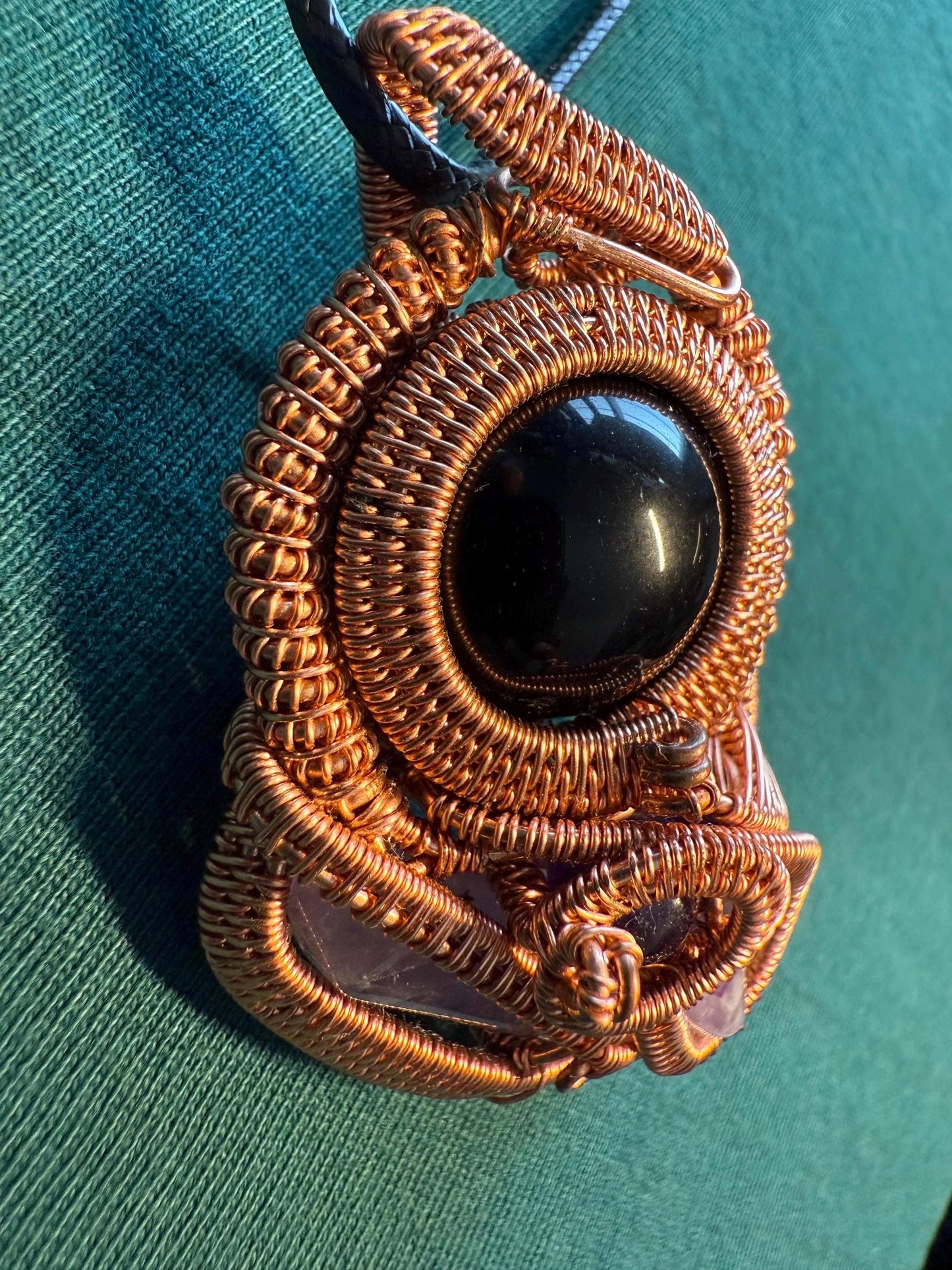 Gold Sheen Obsidian and Amethyst Power Copper Wire Wrapped Pendant (includes free cord necklace)
