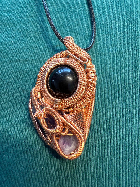 Gold Sheen Obsidian and Amethyst Power Copper Wire Wrapped Pendant (includes free cord necklace)