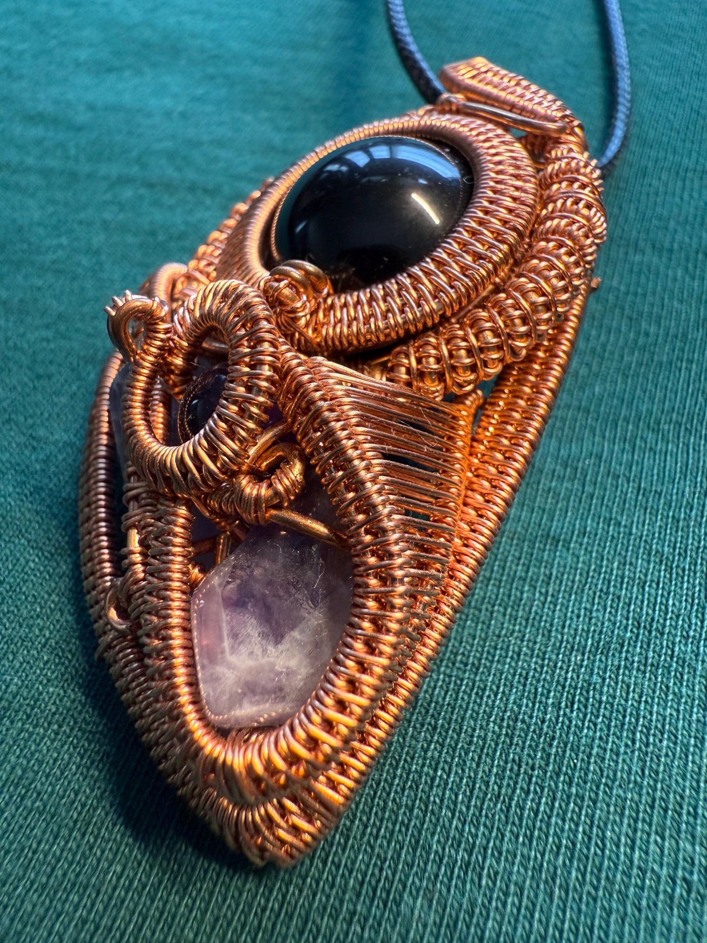 Gold Sheen Obsidian and Amethyst Power Copper Wire Wrapped Pendant (includes free cord necklace)