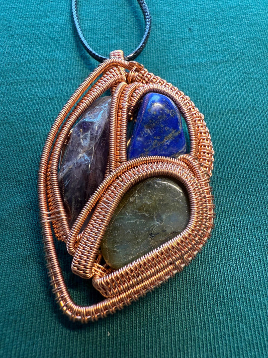 Super Seven, Labradorite and Lapis Luzuli Pendant includes free cord necklace