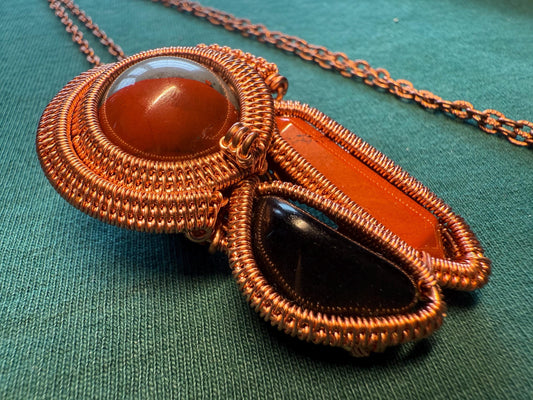 Handmade Copper Wire Wrapped Red Agate & Onyx Pendant –  on Copper Chain Necklace