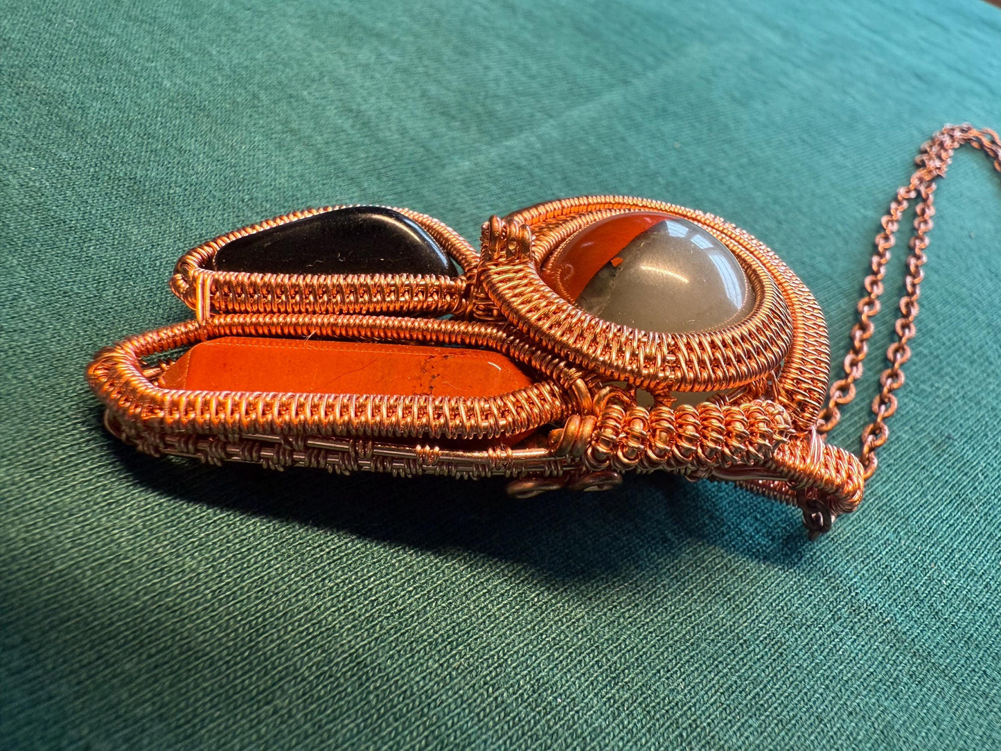 Handmade Copper Wire Wrapped Red Agate & Onyx Pendant –  on Copper Chain Necklace