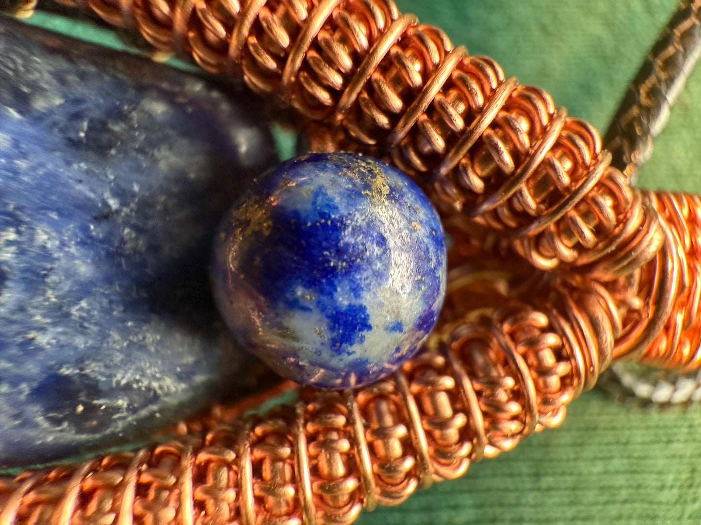 Handmade Copper Wire Wrapped Sodalite & Quartz Pendant on Cord Necklace