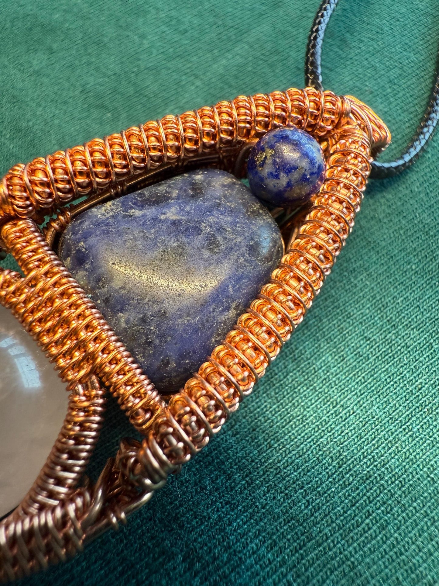 Handmade Copper Wire Wrapped Sodalite & Quartz Pendant on Cord Necklace