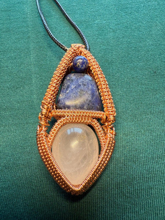 Handmade Copper Wire Wrapped Sodalite & Quartz Pendant on Cord Necklace