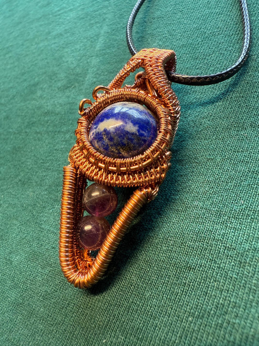 Handmade Copper Wire Wrapped Sodalite & Amethyst Pendant on Cord Necklace