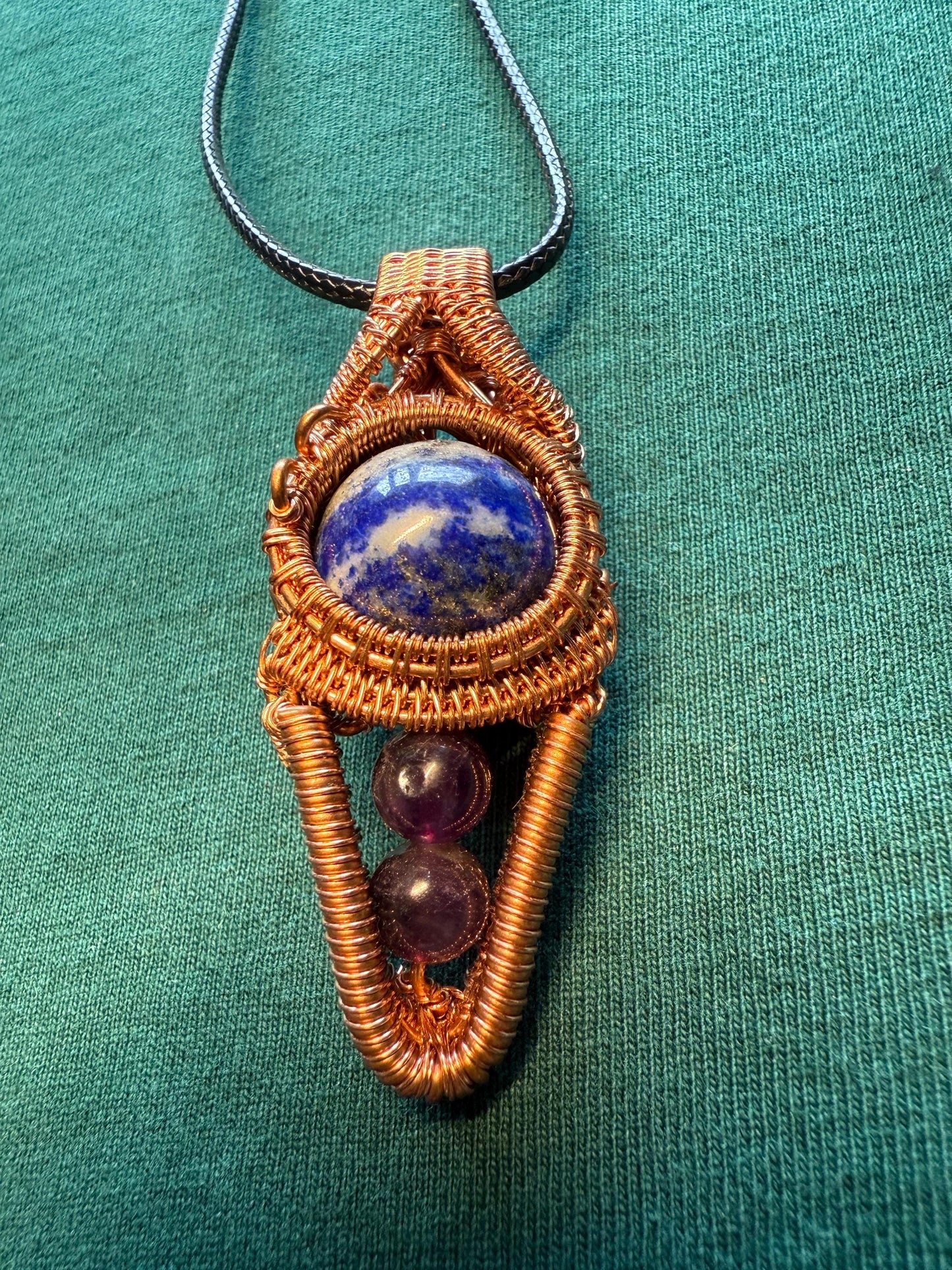 Handmade Copper Wire Wrapped Sodalite & Amethyst Pendant on Cord Necklace