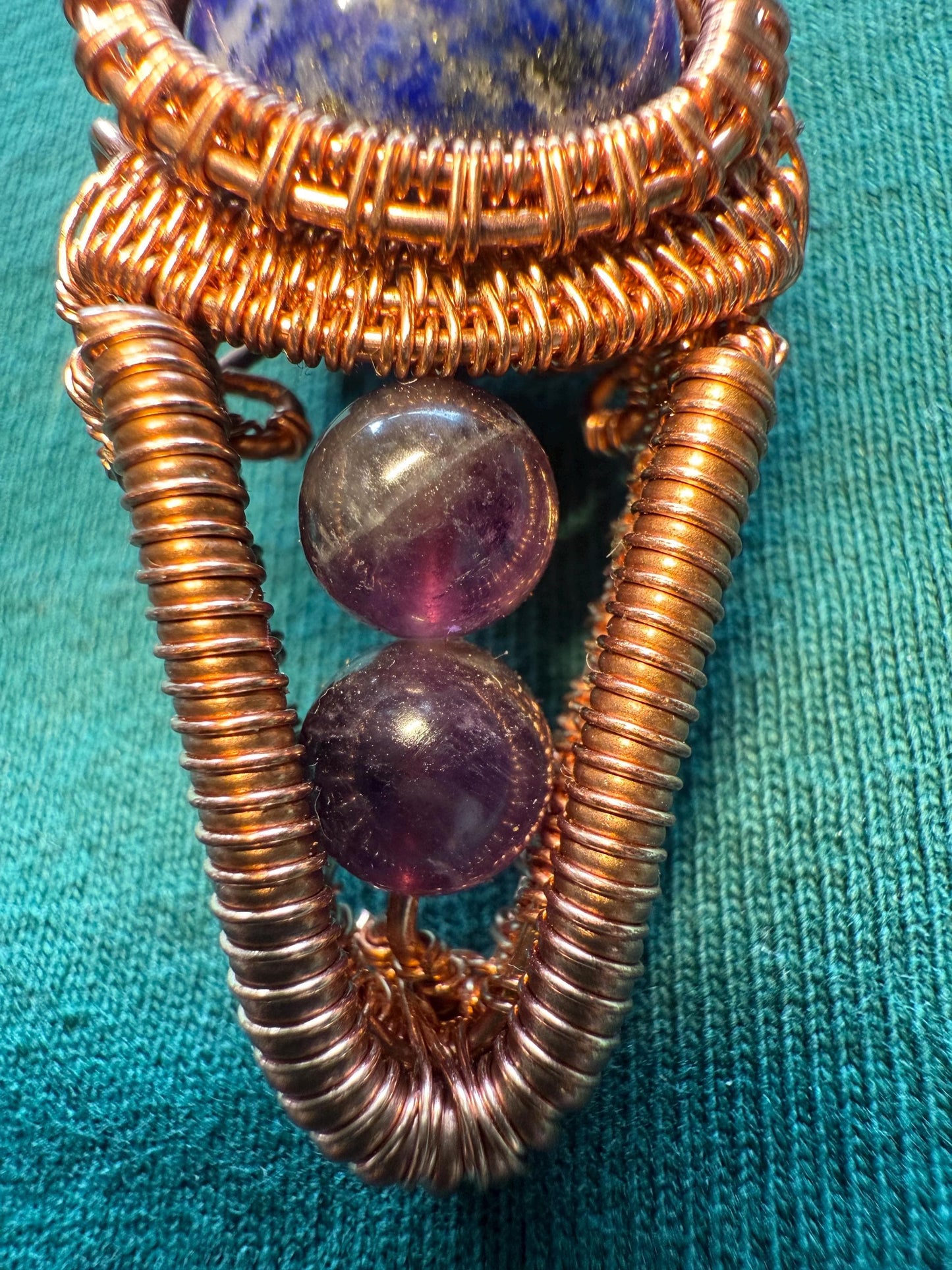 Handmade Copper Wire Wrapped Sodalite & Amethyst Pendant on Cord Necklace
