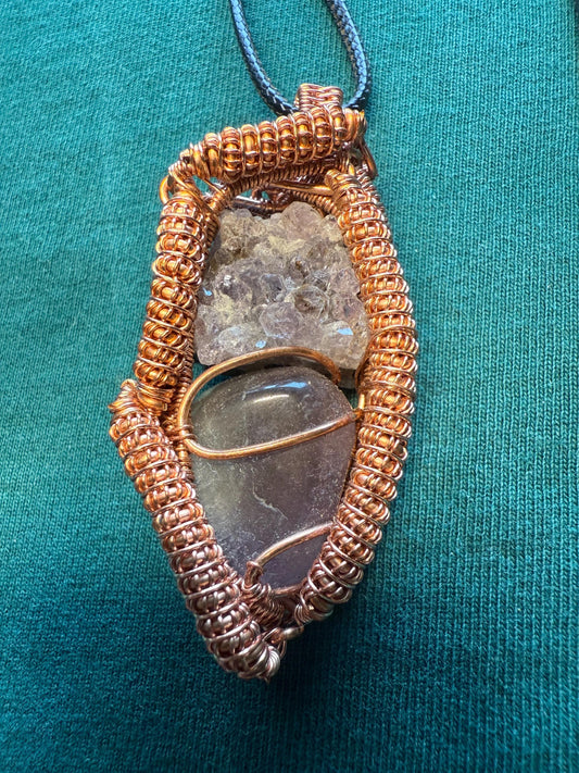 Handmade Copper Wire Wrapped Amethyst Pendant on Cord Necklace
