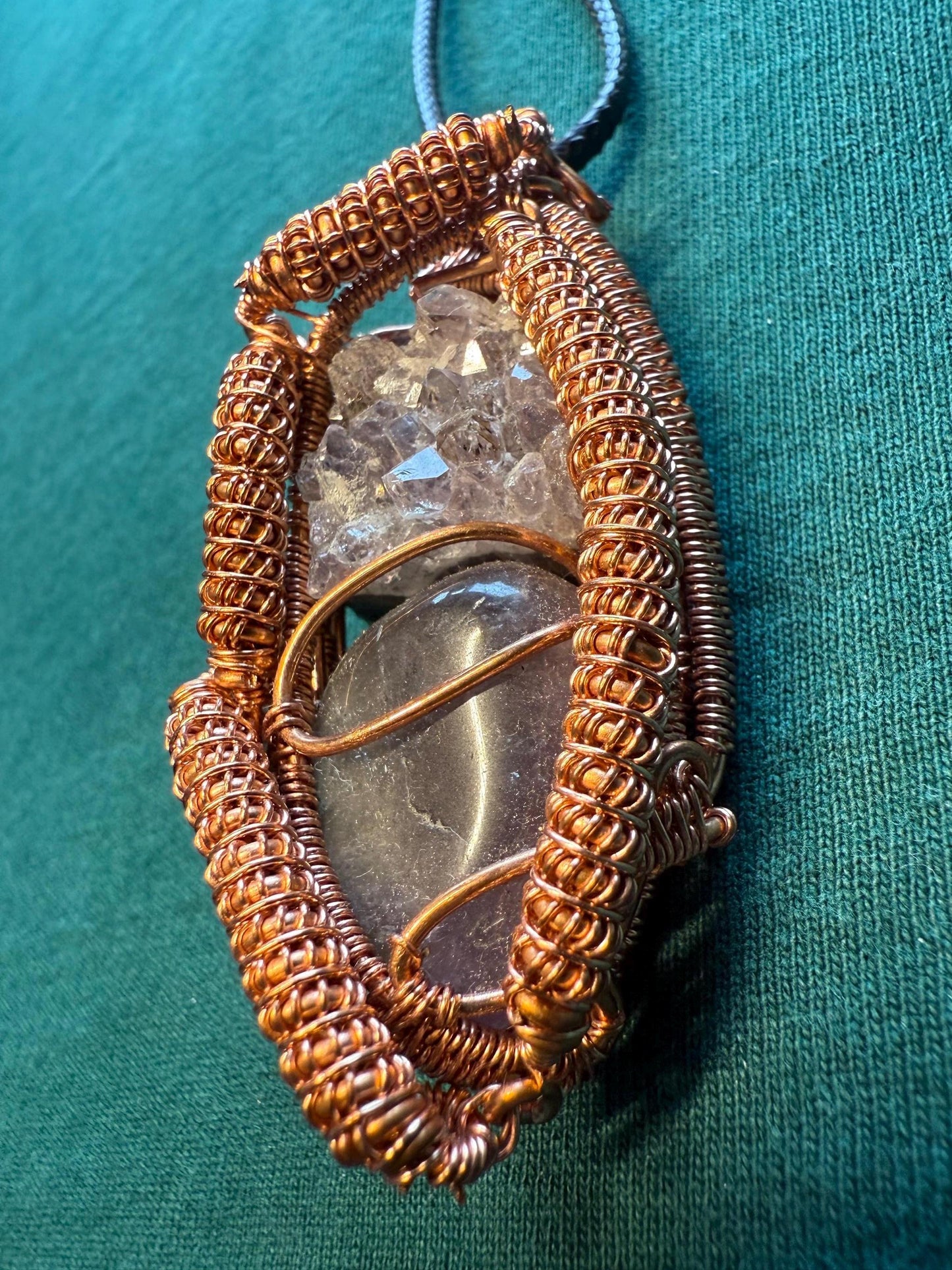 Handmade Copper Wire Wrapped Amethyst Pendant on Cord Necklace