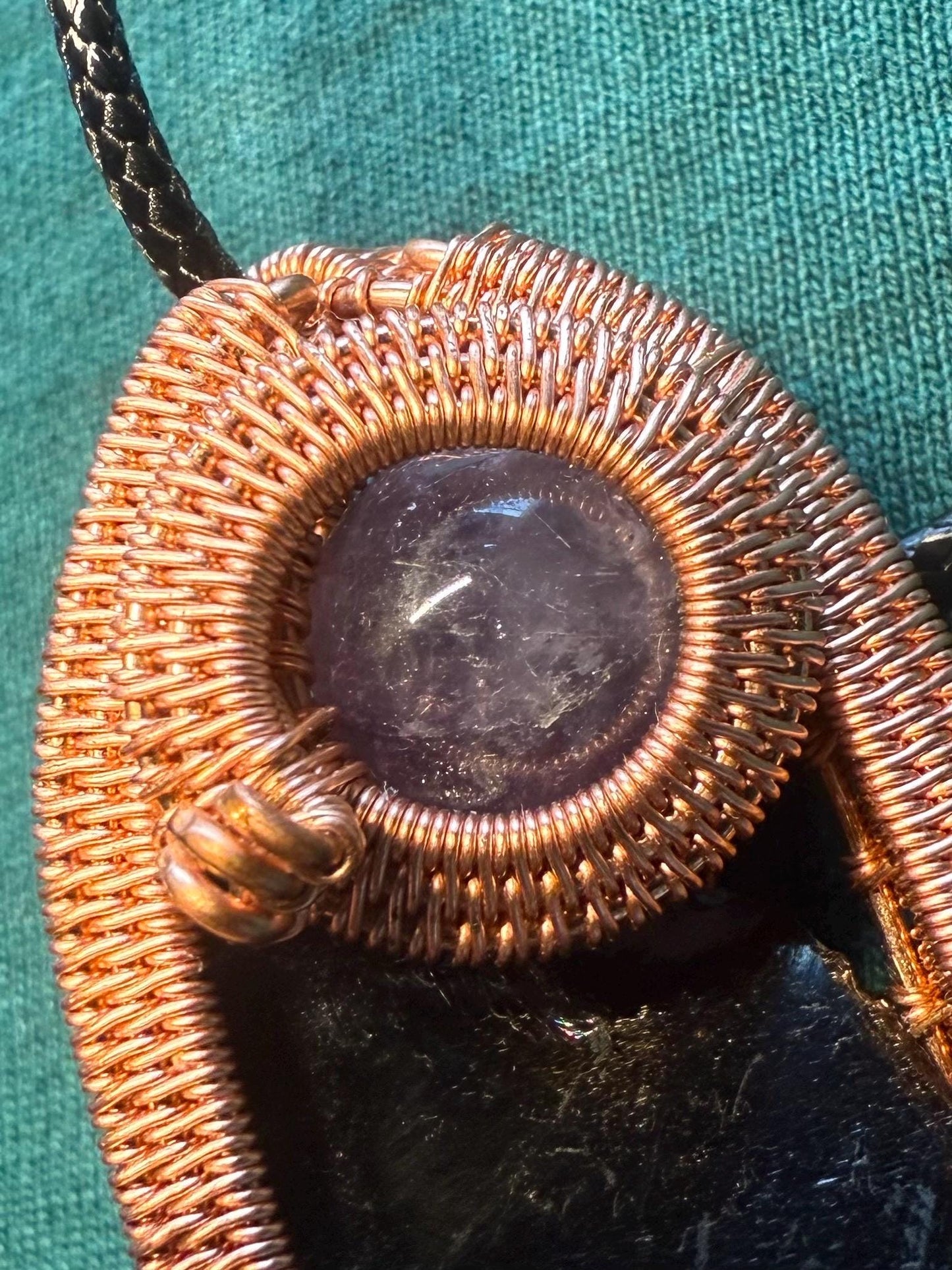 Handmade Copper Wire Wrapped Obsidian & Amethyst Pendant on Cord Necklace