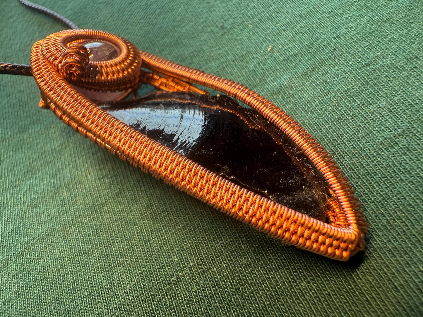 Handmade Copper Wire Wrapped Obsidian & Amethyst Pendant on Cord Necklace