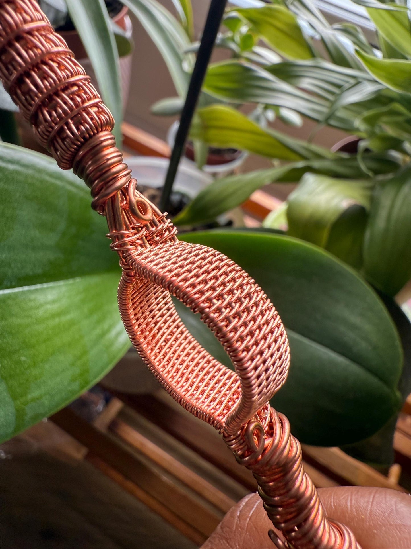 Handmade Quartz Pointed Copper Wire Wrapped Wand/Spinner with Blue Aragonite Pyramid & Mini Crystal Ball