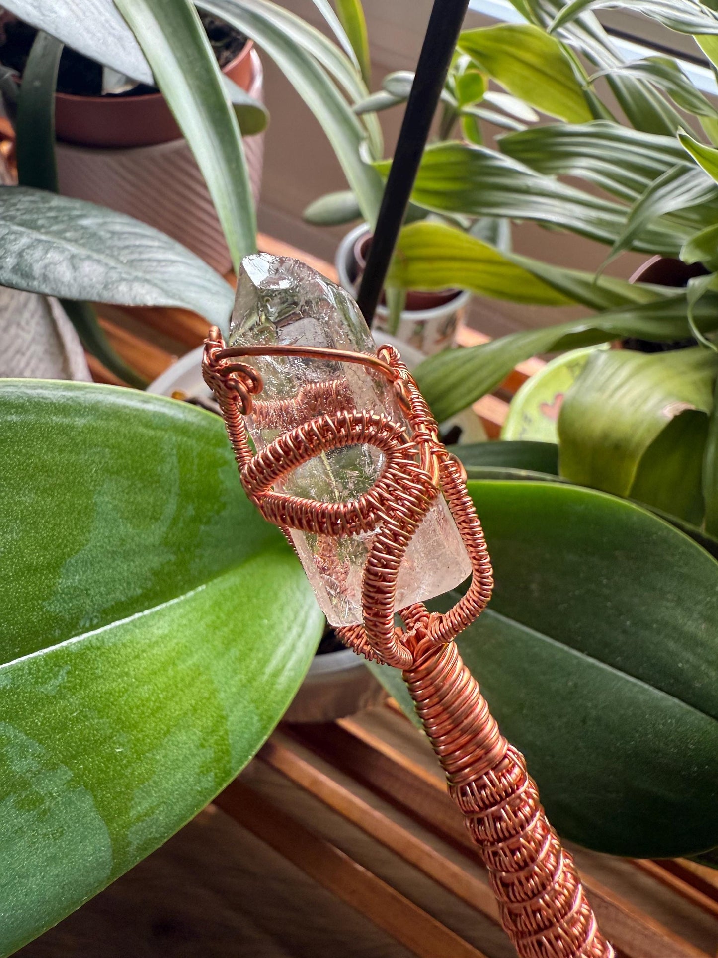 Handmade Quartz Pointed Copper Wire Wrapped Wand/Spinner with Blue Aragonite Pyramid & Mini Crystal Ball