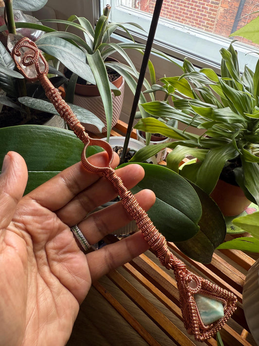 Handmade Quartz Pointed Copper Wire Wrapped Wand/Spinner with Blue Aragonite Pyramid & Mini Crystal Ball