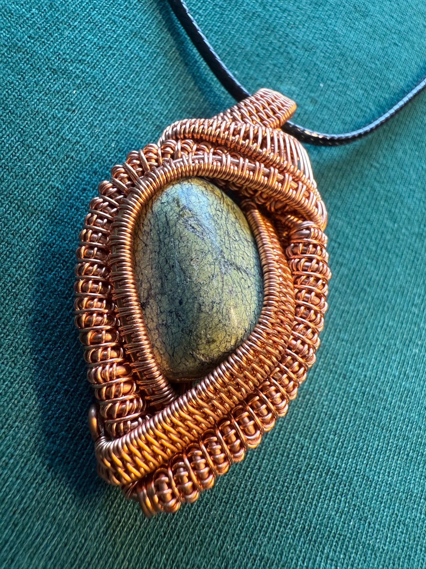 Handmade Copper Wire Wrapped Serpentine Pendant on Cord Necklace