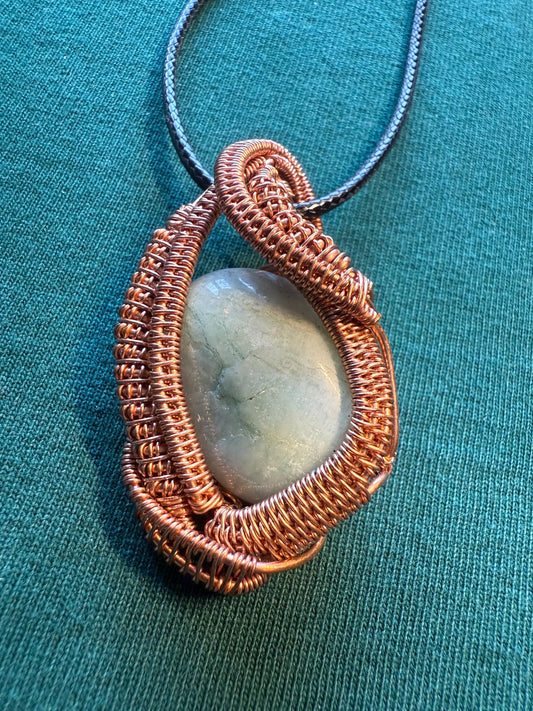 Handmade Copper Wire Wrapped Amazonite Pendant on Cord Necklace