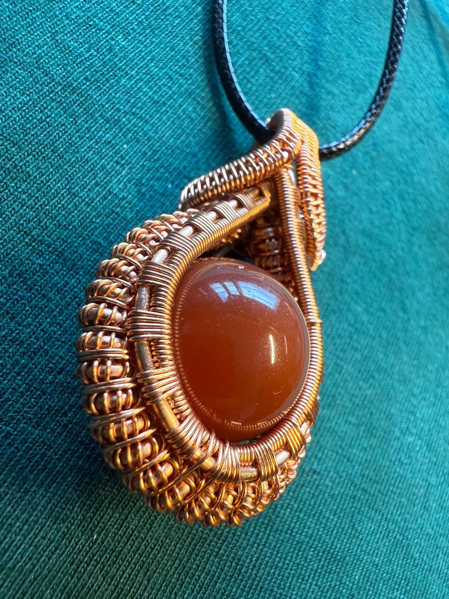 Handmade Copper Wire Wrapped Carnelian Pendant on Cord Necklace