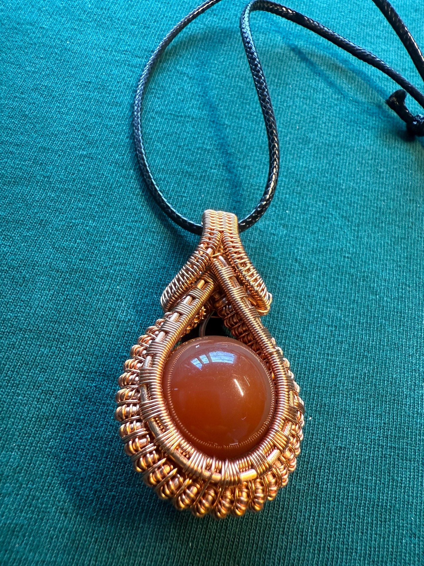 Handmade Copper Wire Wrapped Carnelian Pendant on Cord Necklace