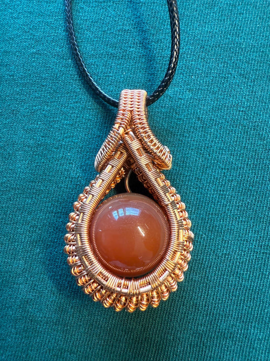 Handmade Copper Wire Wrapped Carnelian Pendant on Cord Necklace