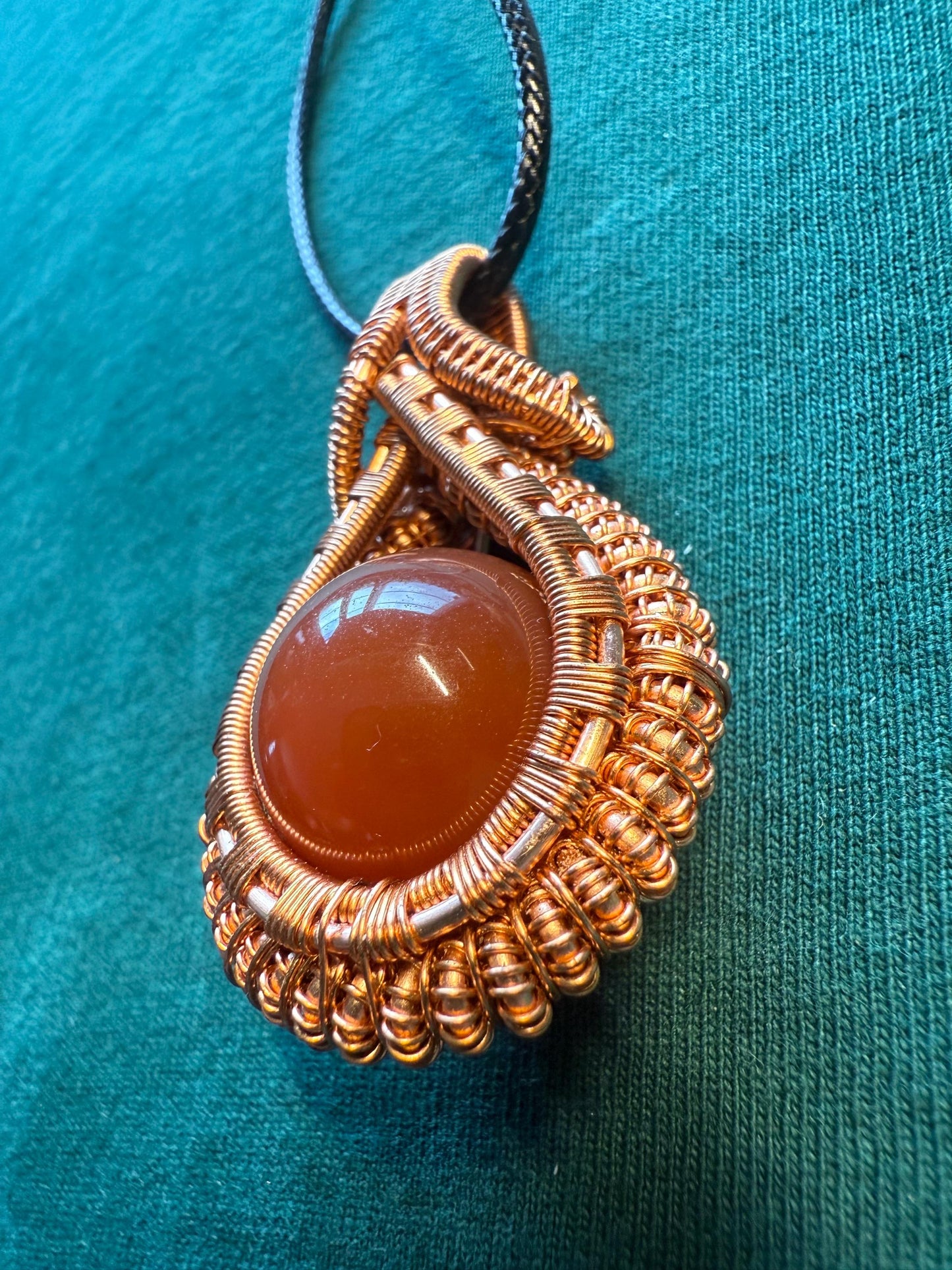 Handmade Copper Wire Wrapped Carnelian Pendant on Cord Necklace