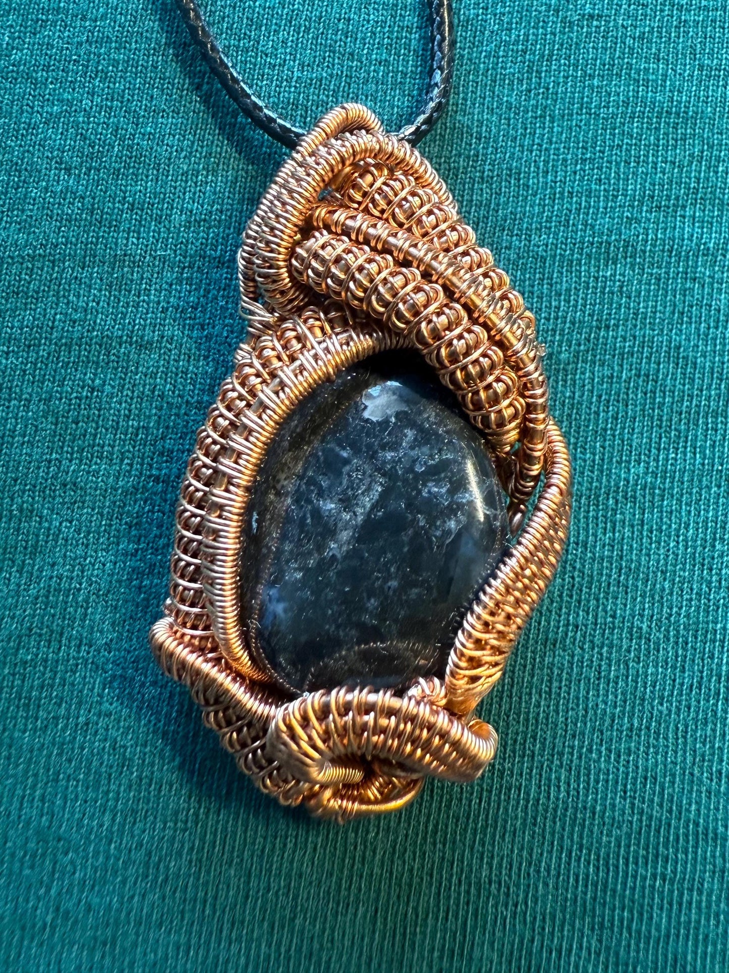 Handmade Copper Wire Wrapped Sodalite Pendant on Cord Necklace