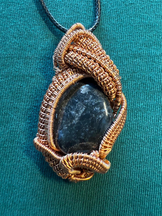 Handmade Copper Wire Wrapped Sodalite Pendant on Cord Necklace