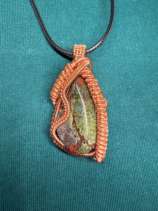 Handmade Copper Wire Wrapped Bloodstone Pendant on Cord Necklace