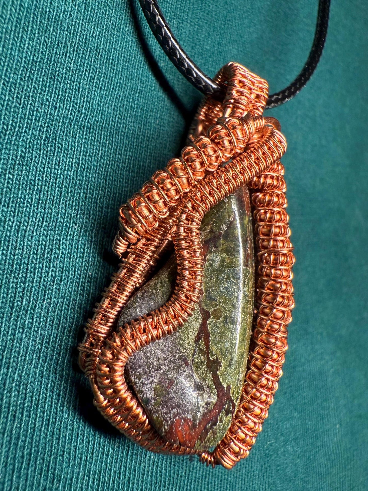 Handmade Copper Wire Wrapped Bloodstone Pendant on Cord Necklace
