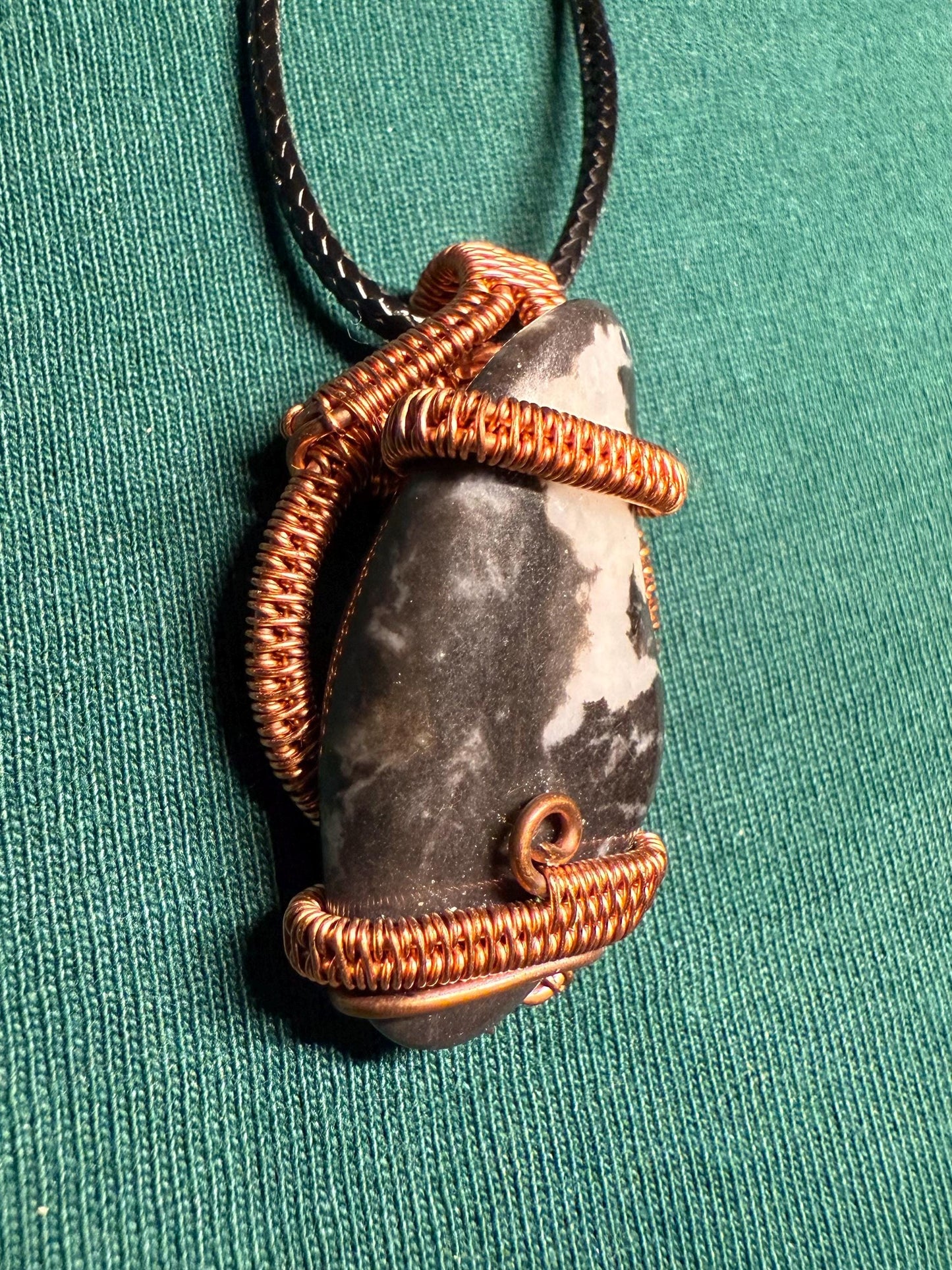 Handmade Copper Wire Wrapped Zebra Jasper Pendant on Cord Necklace